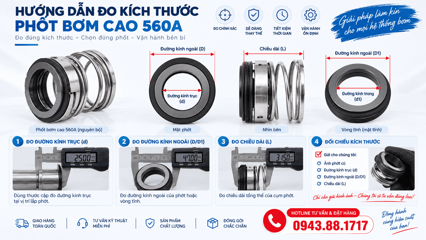 Cách đo phốt bơm 560A để chọn đúng kích thước