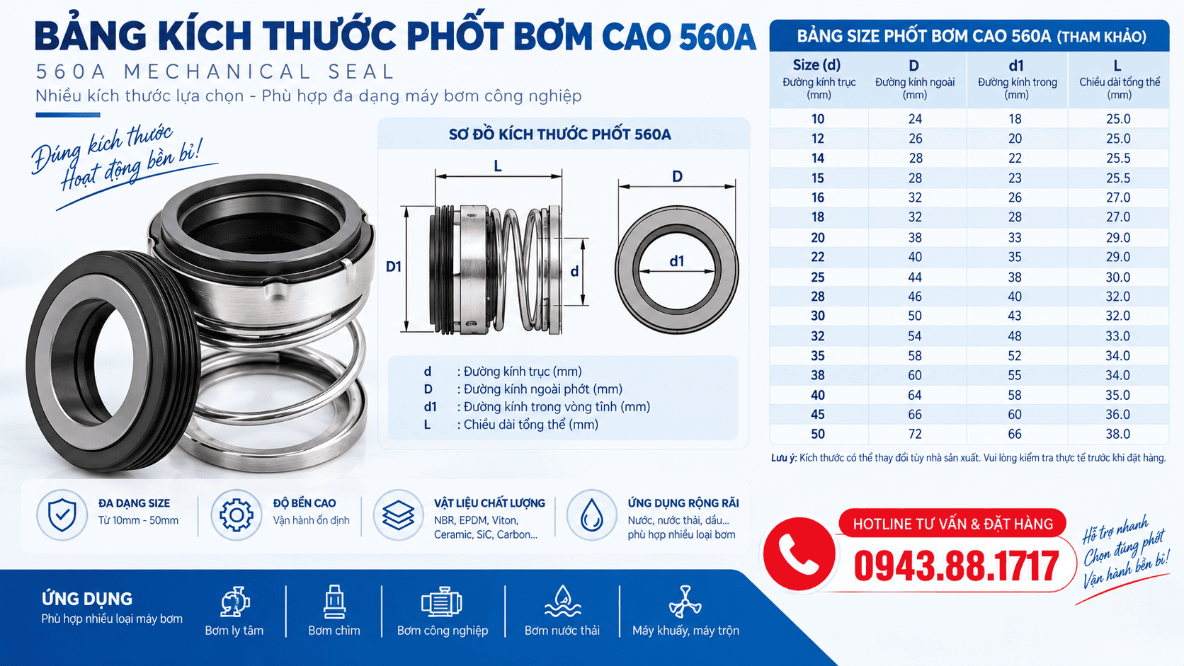 Phốt bơm 560A có những size nào?