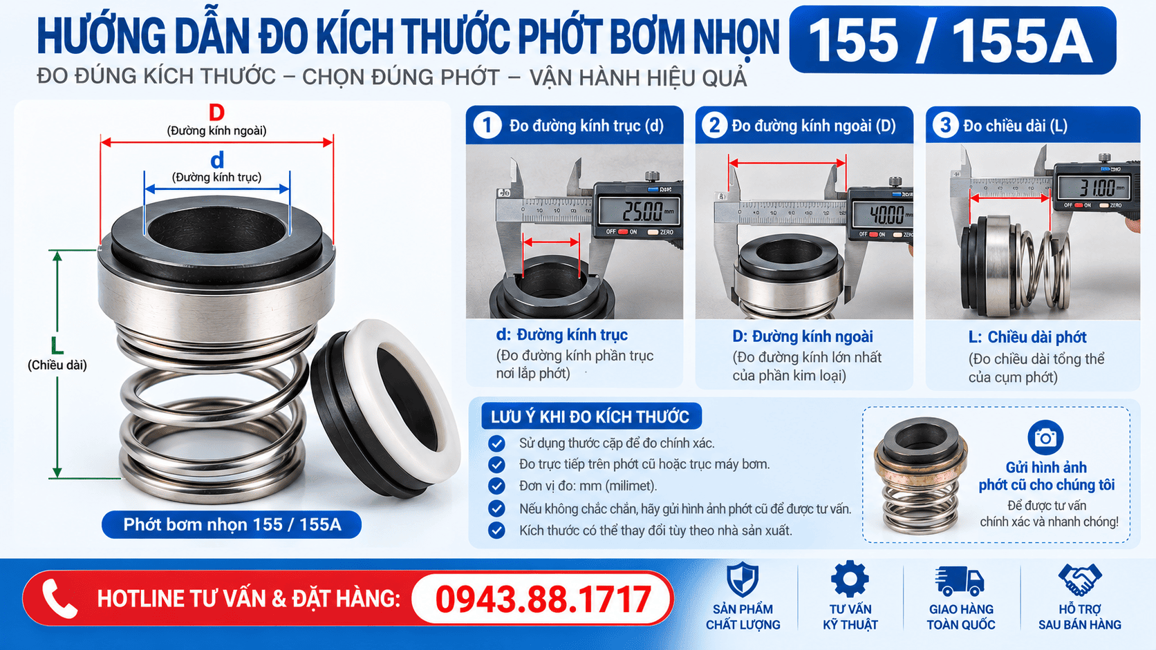Hướng dẫn đọc kích thước phớt bơm 155 / 155A