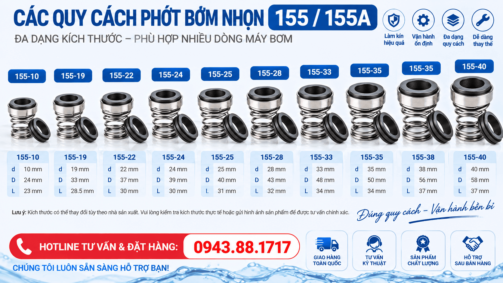 Bảng quy cách / kích thước thường gặp của phớt bơm 155 / 155A