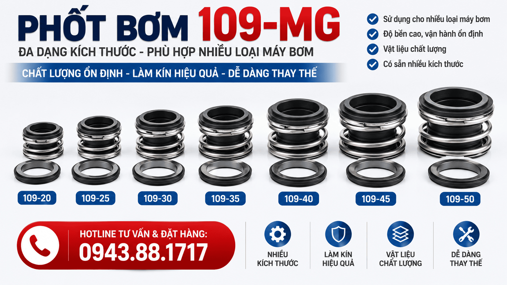 Phốt bơm 109-MG có những size nào?