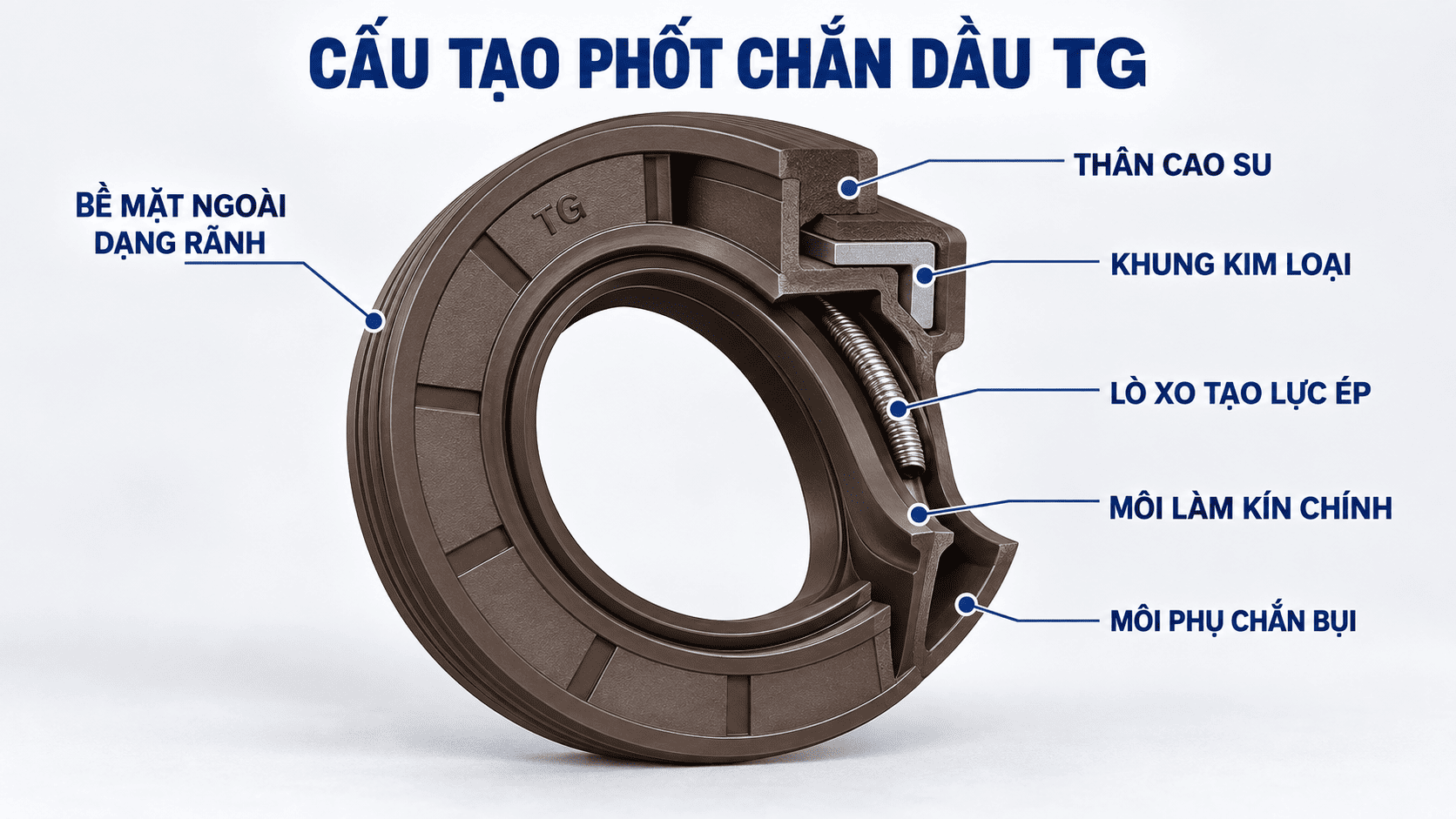 Cấu tạo phốt chắn dầu TG gồm môi chính, lò xo và môi chắn bụi.
