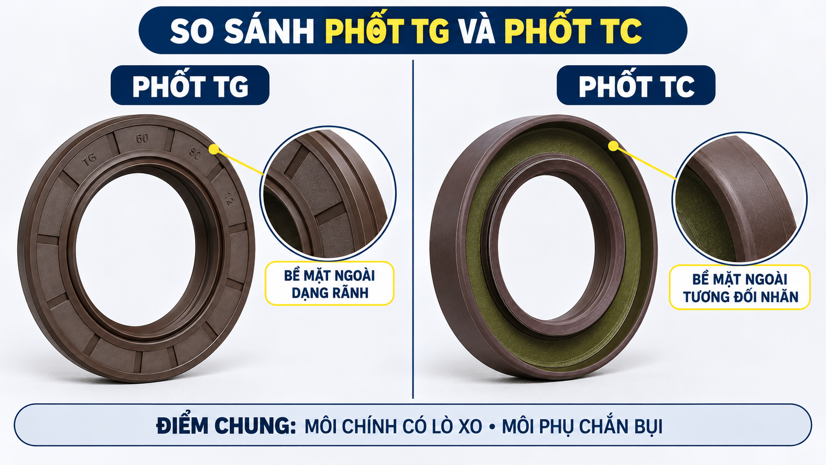 So sánh phốt TG và phốt TC theo bề mặt đường kính ngoài.