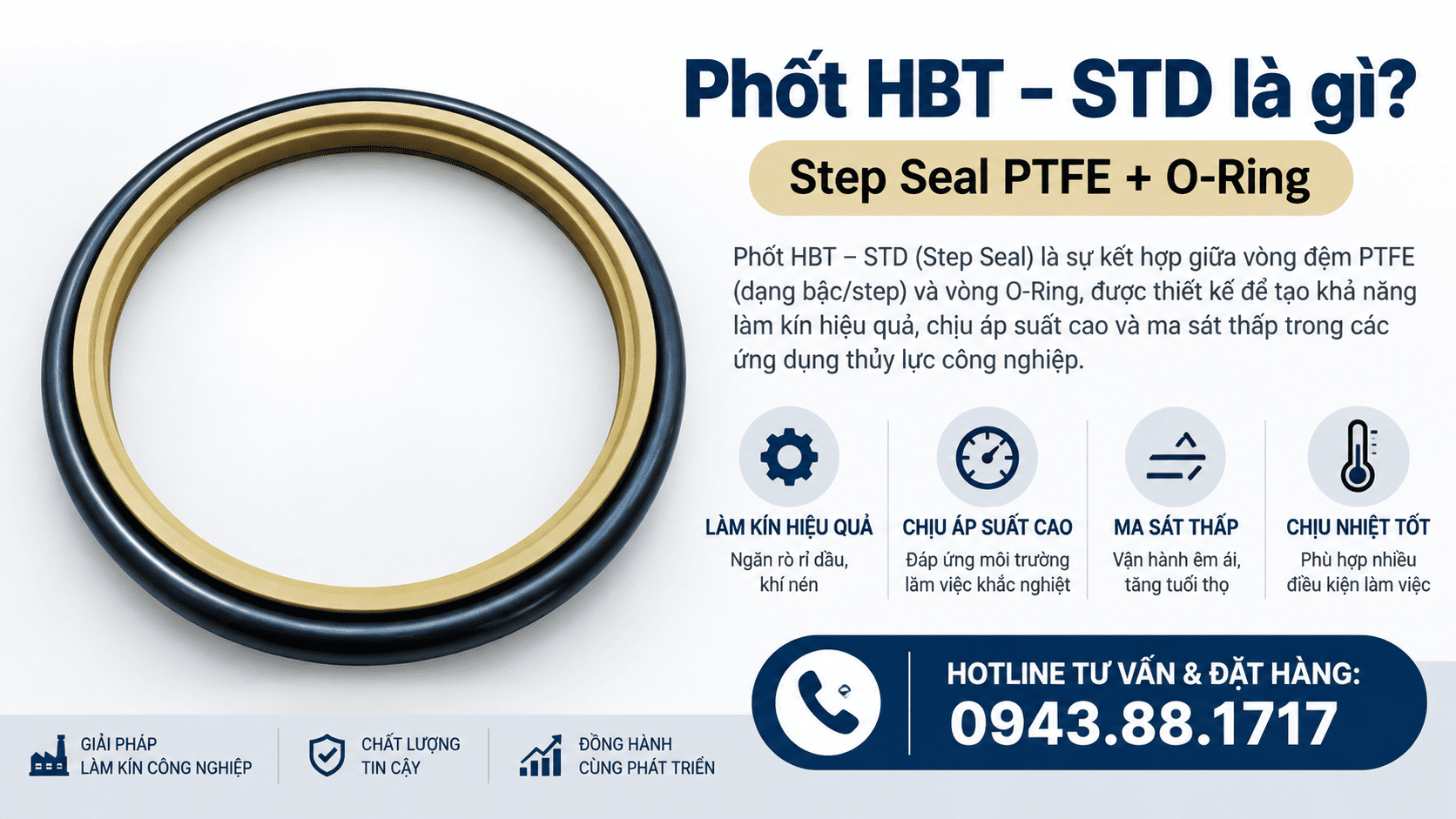 Phốt HBT – STD | Step Seal PTFE + O-Ring Cho Ty Xi Lanh Thủy Lực