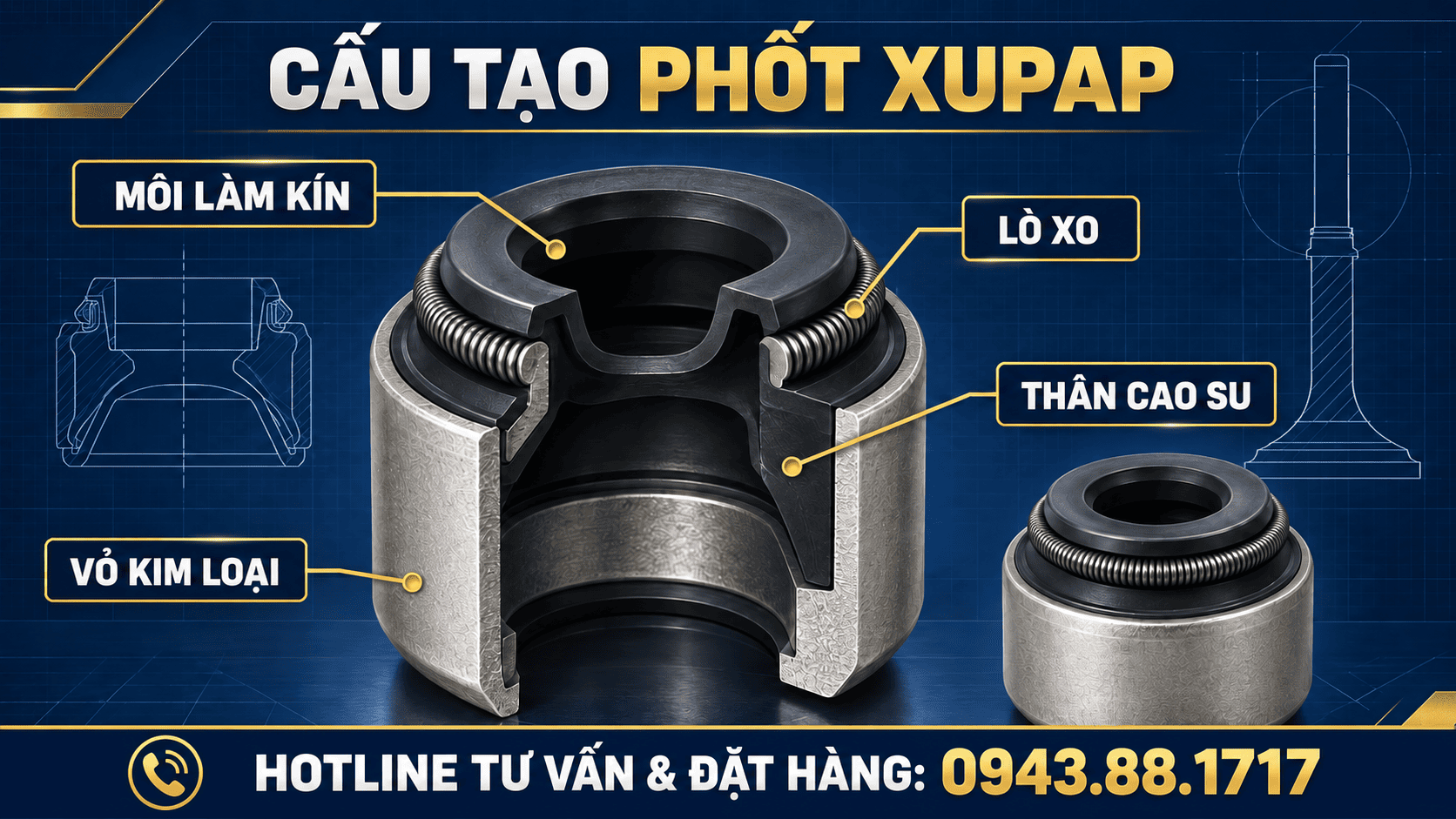 Cấu tạo phốt xupap gồm môi làm kín, lò xo, thân cao su và vỏ kim loại