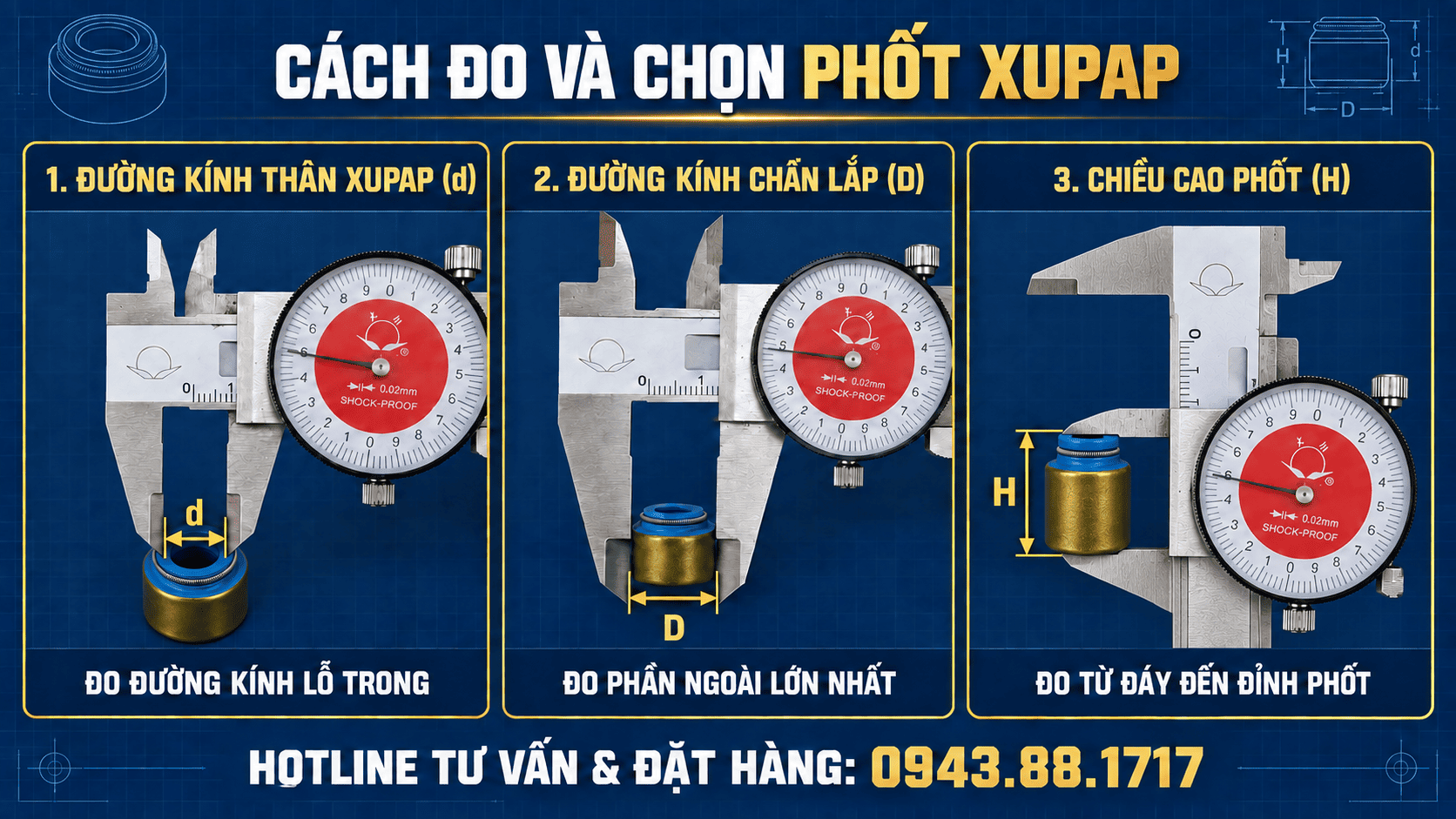 Cách đo đường kính thân, chân lắp và chiều cao phốt xupap
